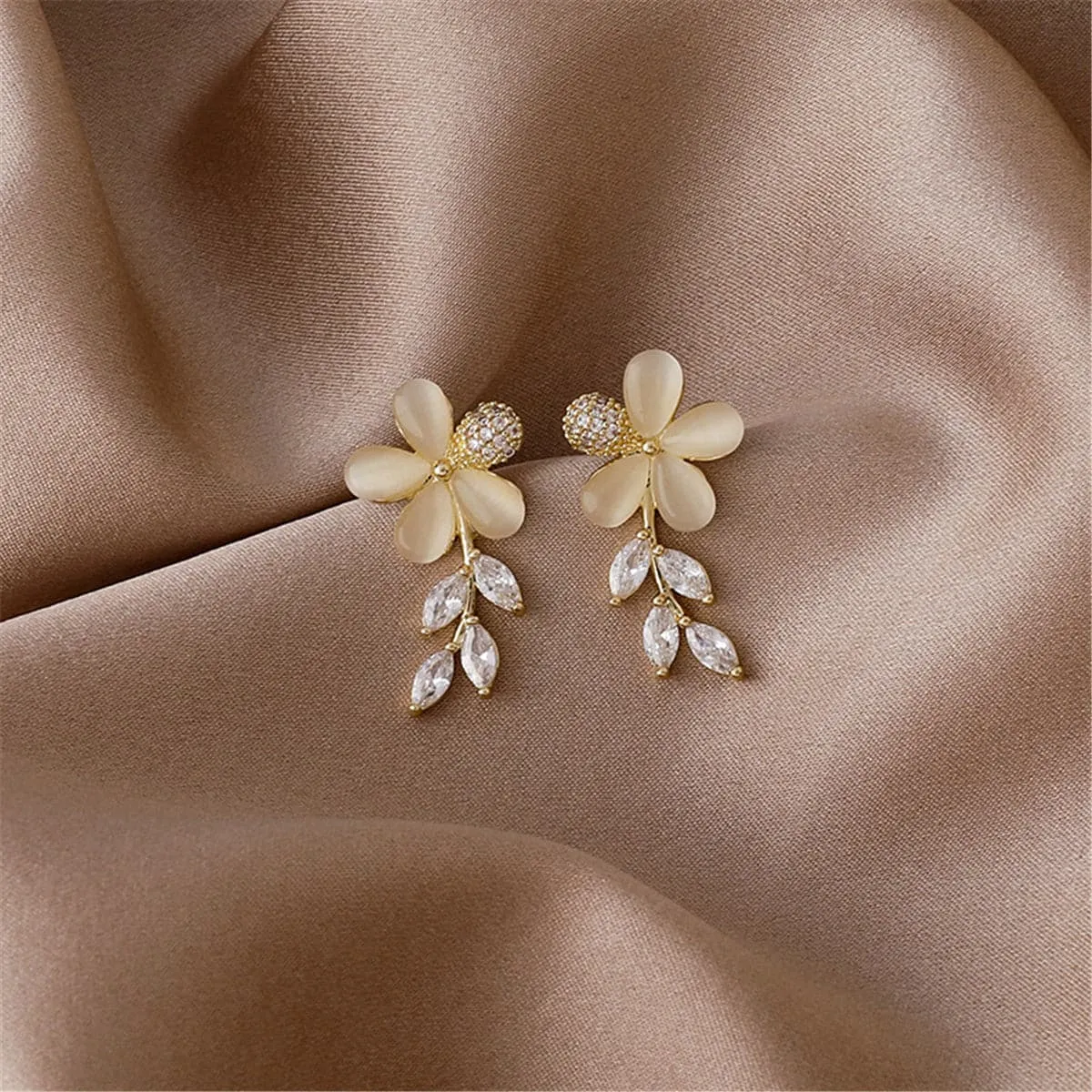 Crystal & Cat's Eye Floral Drop Earrings
