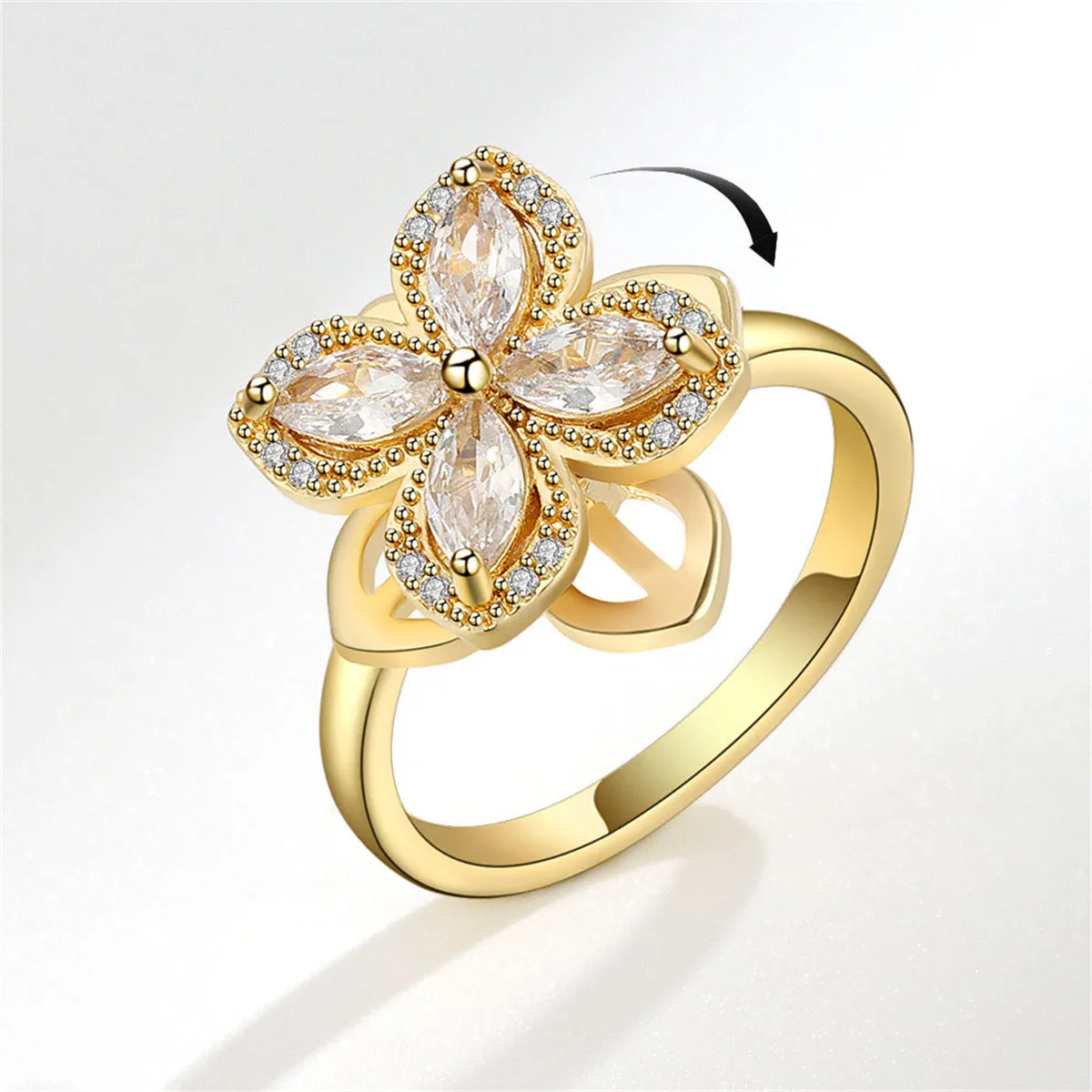 Crystal & Cubic Zirconia 18K Gold-Plated Rotating Floral Ring