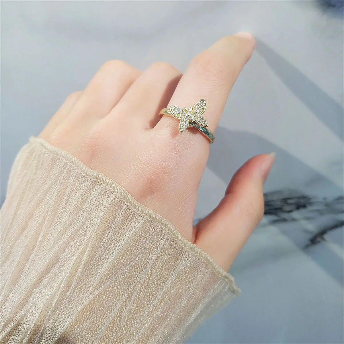 Cubic Zirconia & 18K Gold-Plated Rotating Butterfly Ring