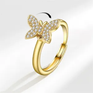 Cubic Zirconia & 18K Gold-Plated Rotating Butterfly Ring