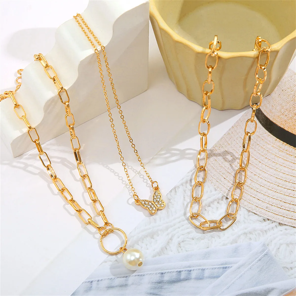 Cubic Zirconia & Pearl 18K Gold-Plated Butterfly Pendant Necklace Set
