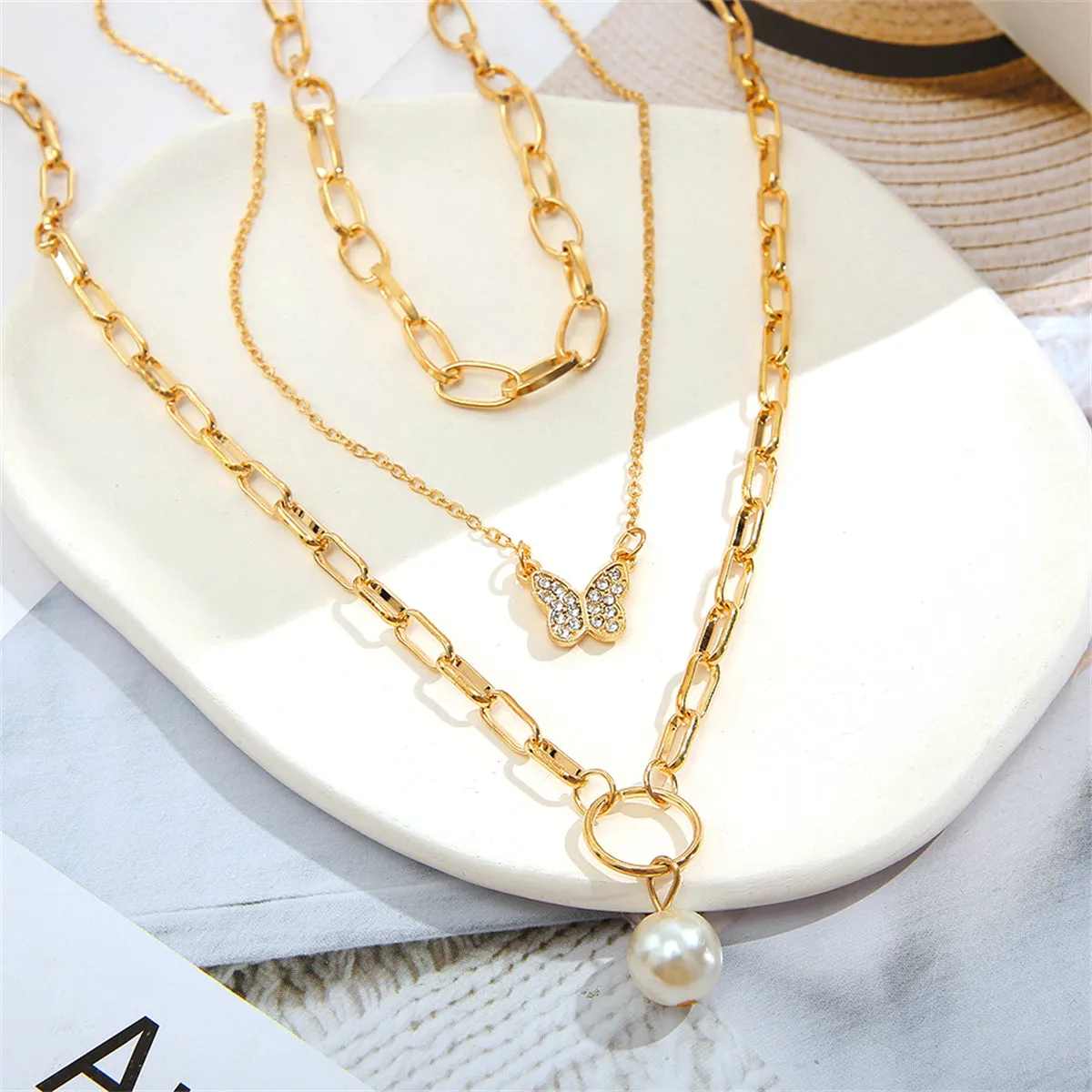 Cubic Zirconia & Pearl 18K Gold-Plated Butterfly Pendant Necklace Set