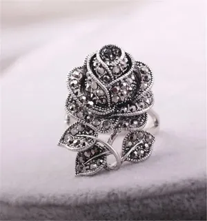 Cubic Zirconia & Silver-Plated Blooming Rose Ring