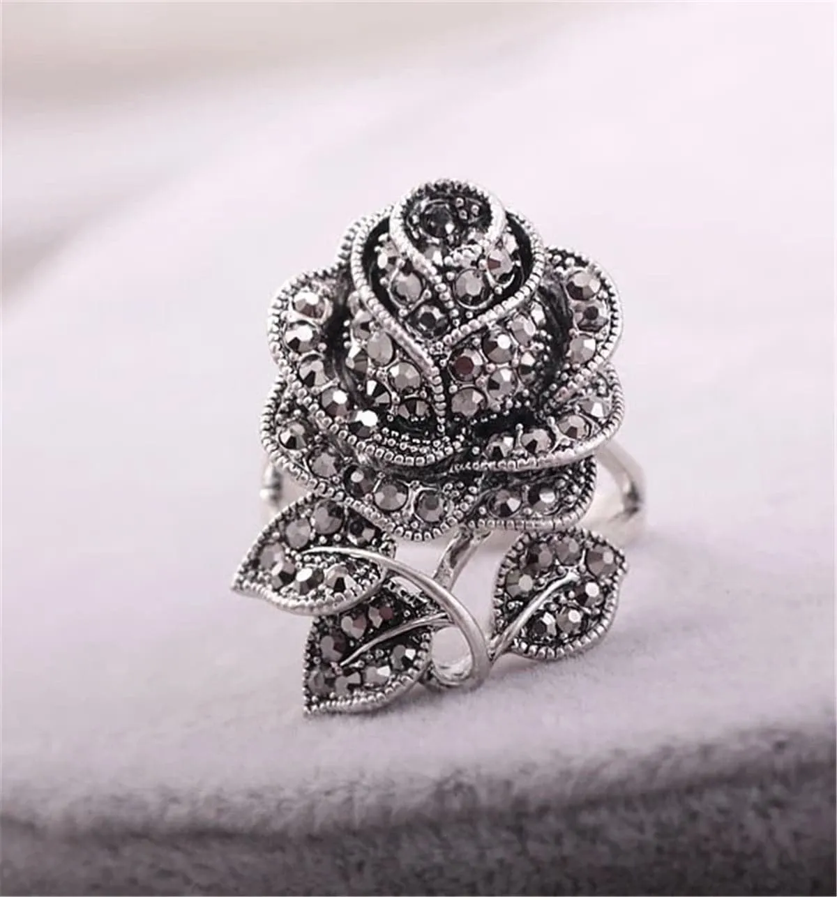 Cubic Zirconia & Silver-Plated Blooming Rose Ring