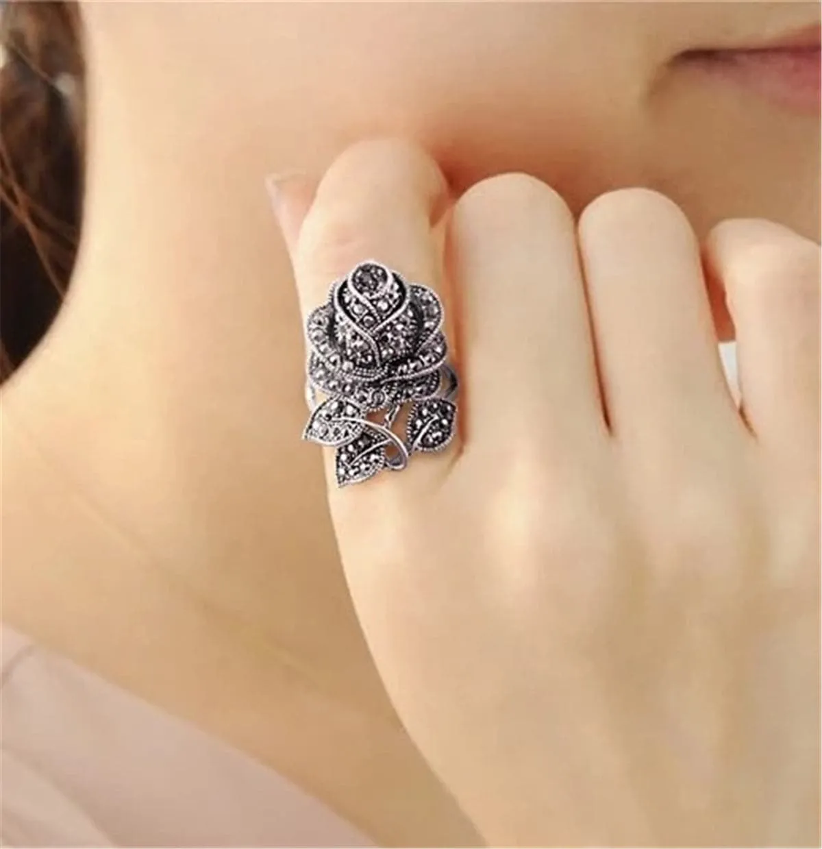 Cubic Zirconia & Silver-Plated Blooming Rose Ring