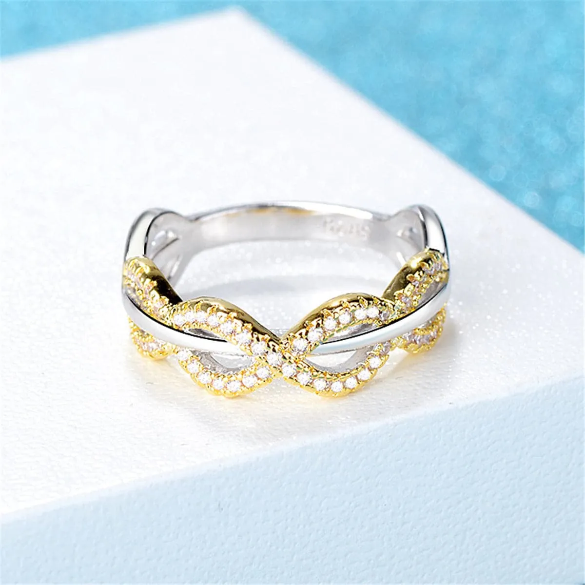 Cubic Zirconia & Two-Tone Crossing Line Band Ring