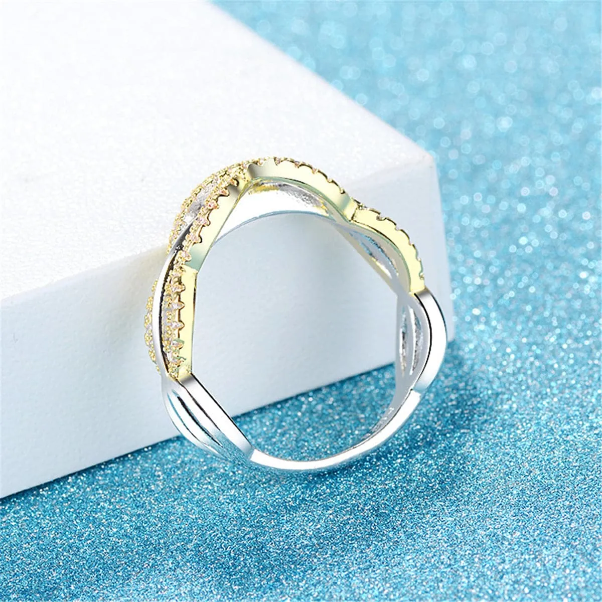 Cubic Zirconia & Two-Tone Crossing Line Band Ring