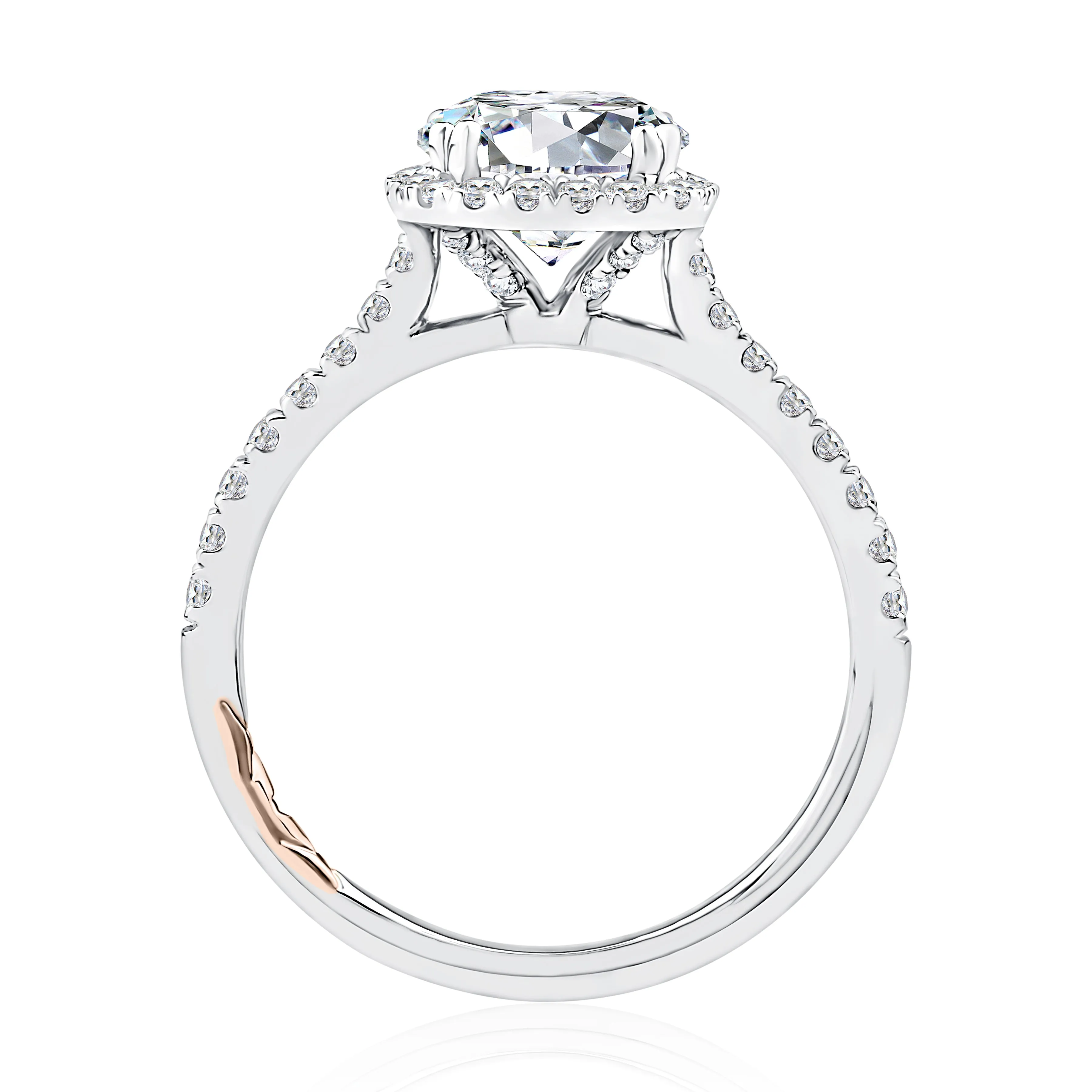 Cushion Shaped Halo Round Center Diamond Engagement Ring with Pave Band