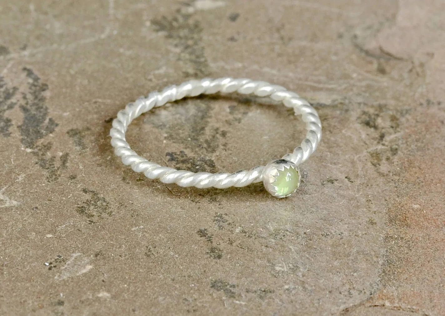 Dainty Twisted Sterling Silver Wire Ring with Green Peridot Gemstone for Stacking