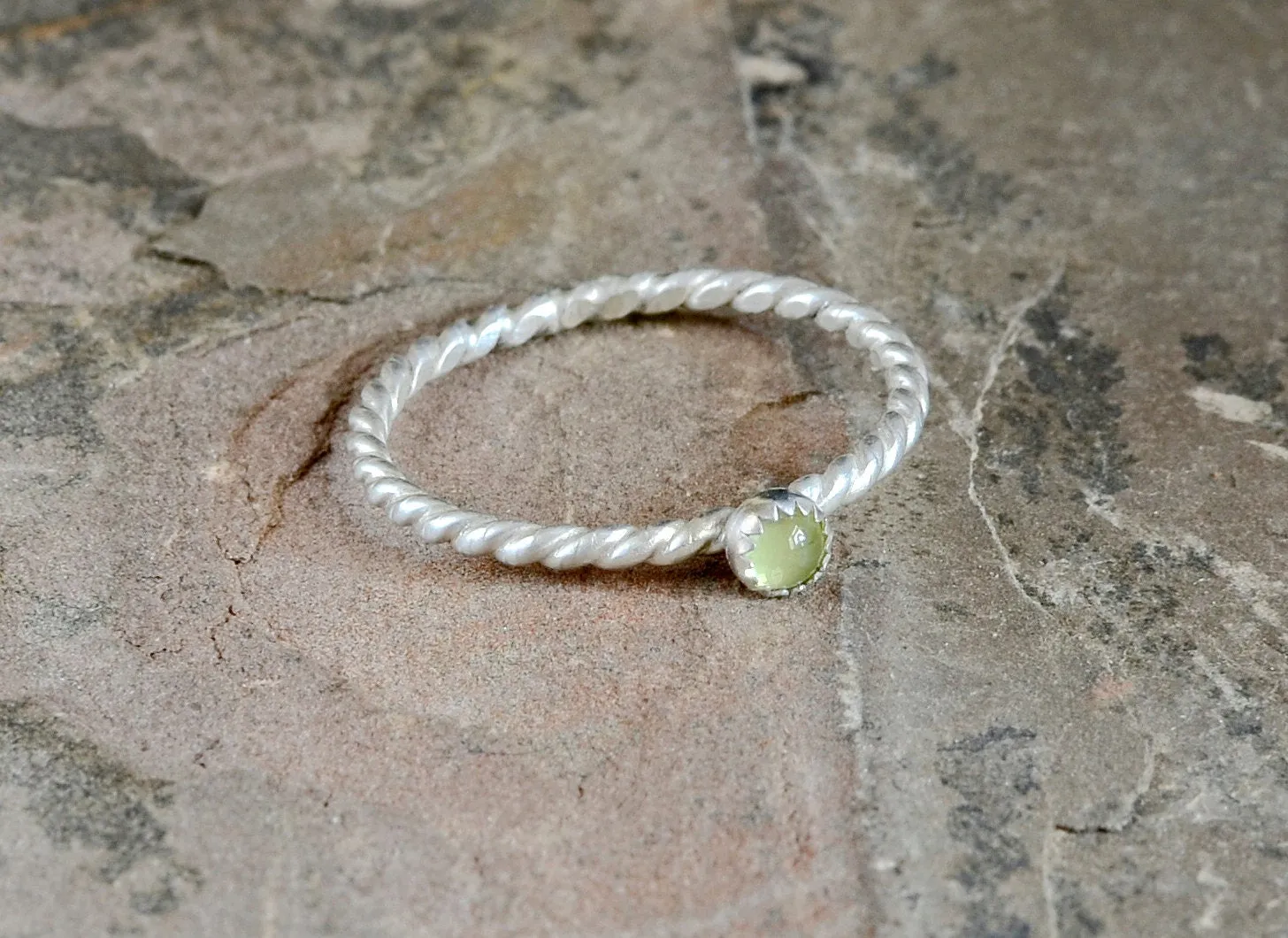 Dainty Twisted Sterling Silver Wire Ring with Green Peridot Gemstone for Stacking