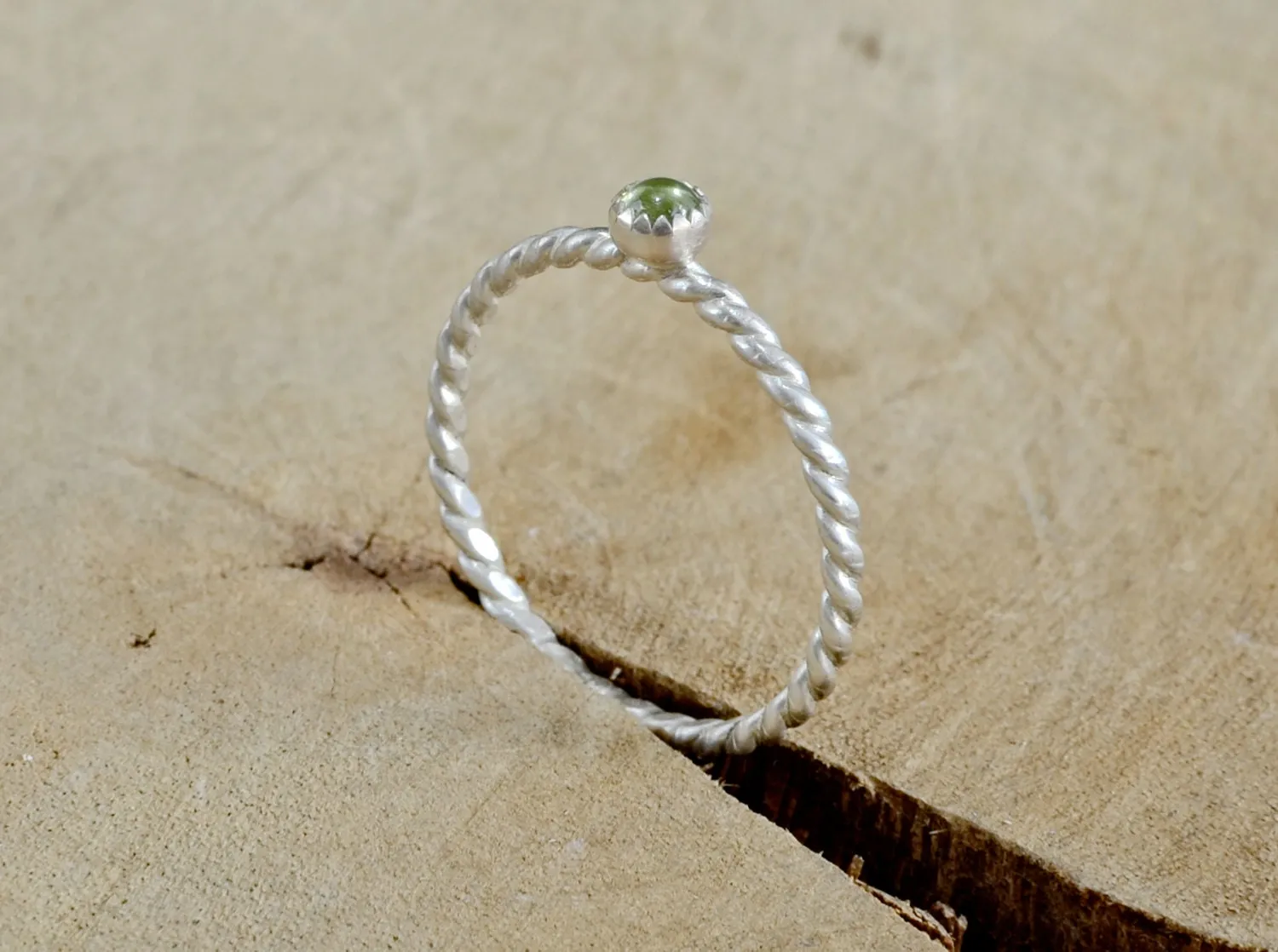 Dainty Twisted Sterling Silver Wire Ring with Green Peridot Gemstone for Stacking