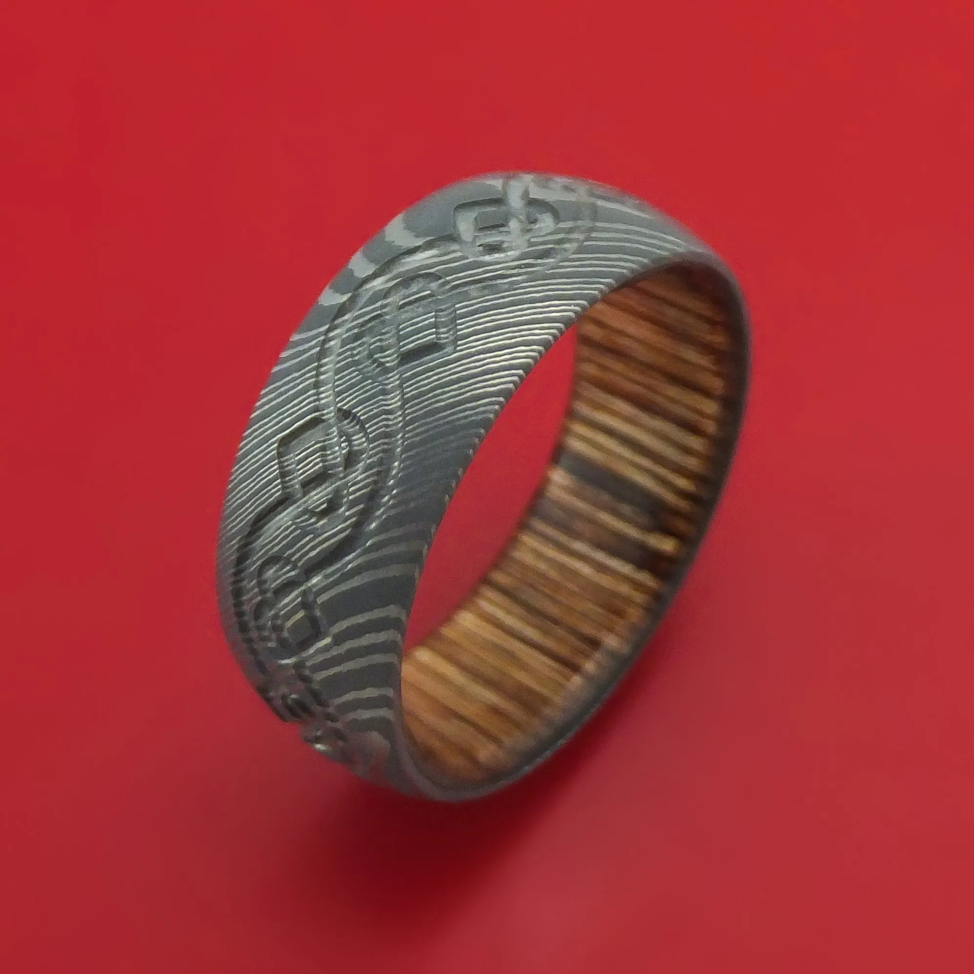 Damascus Steel Ring with Milled Celtic Heart Design and Interior Hardwood Sleeve Custom Made Band
