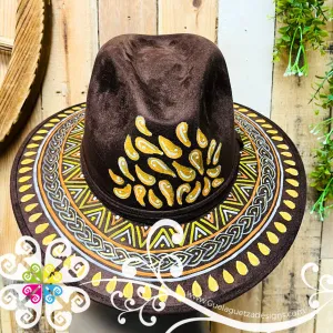 Dark Brown Indiana Mitla Velvet Hat - Hand Painted Hat