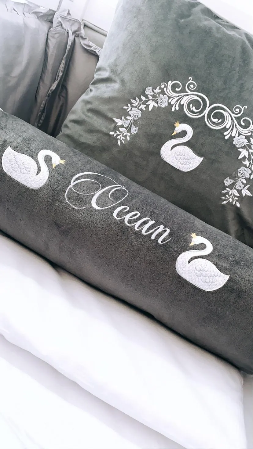 Dark grey personalised velvet bolster cushion