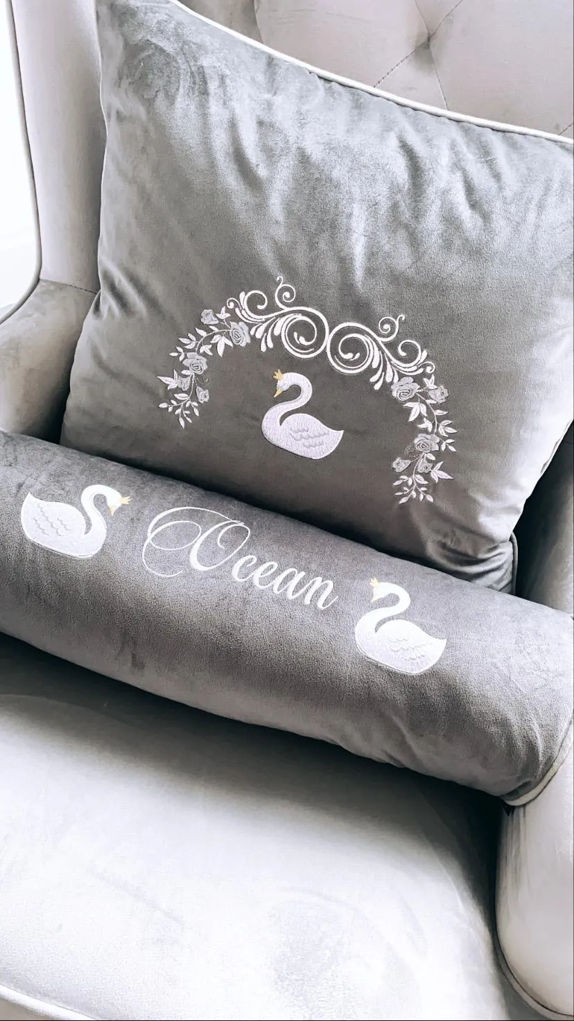 Dark grey personalised velvet bolster cushion
