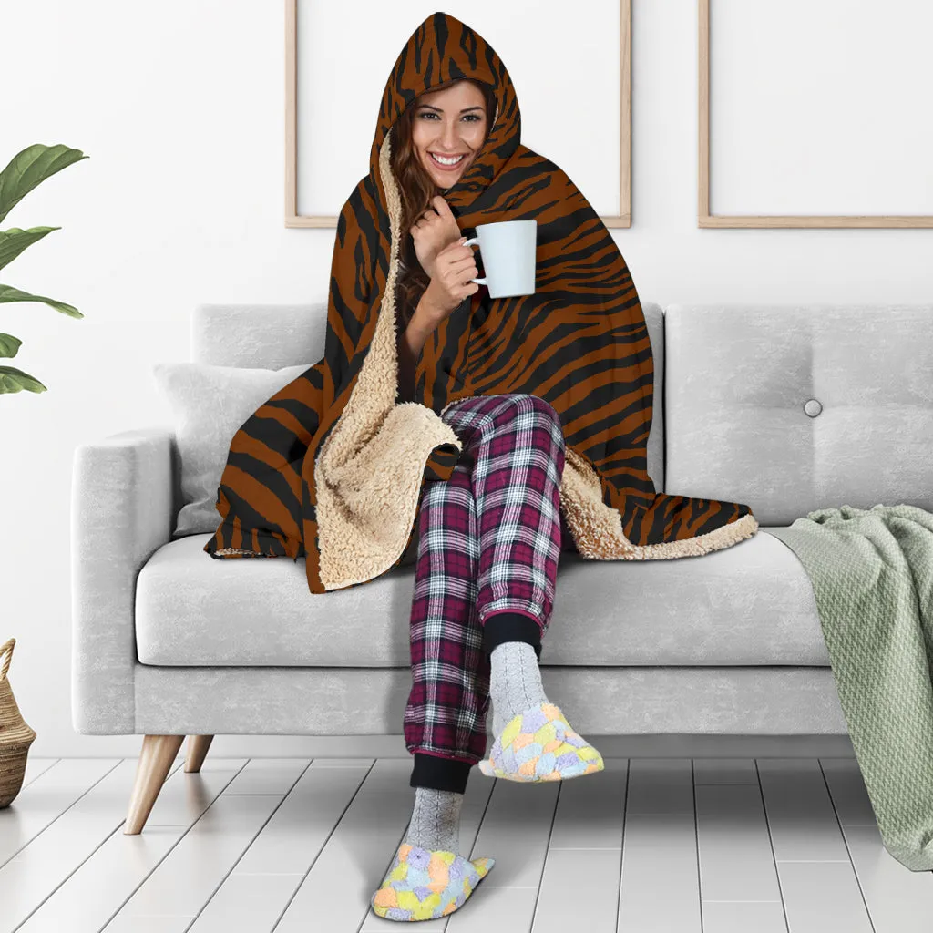 Dark Tiger Print With Hooded Blanket Sherpa Lining Animal