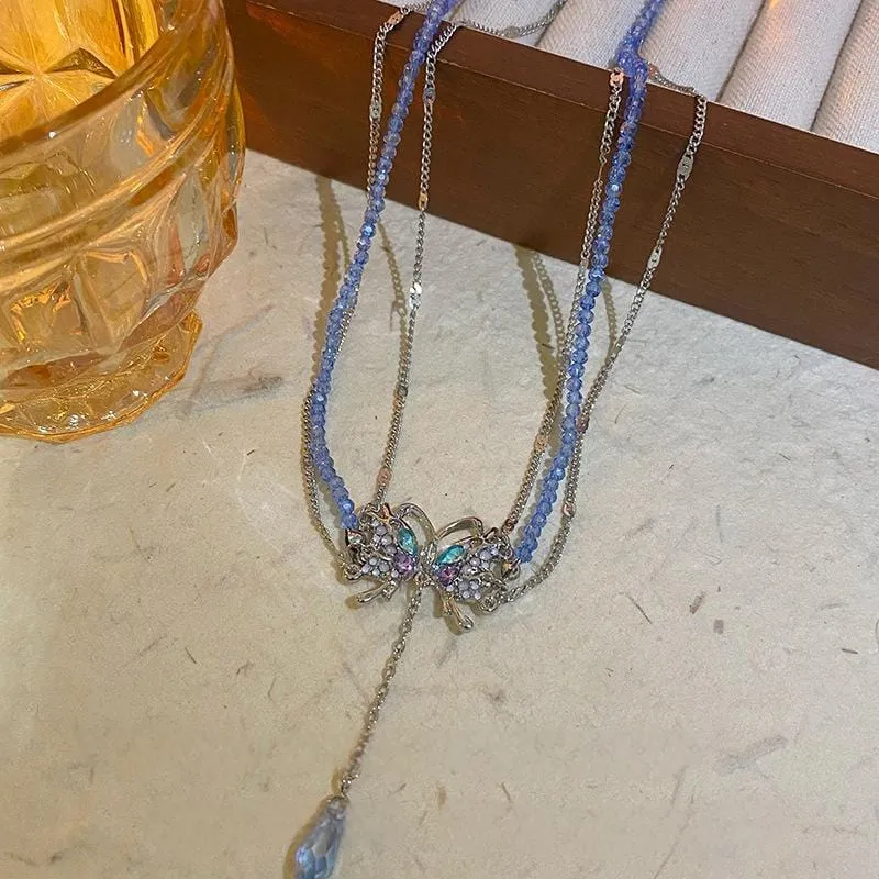 Delicate Layered CZ Inlaid Butterfly Crystal Pendant Beaded Chain Necklace