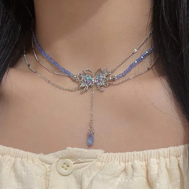 Delicate Layered CZ Inlaid Butterfly Crystal Pendant Beaded Chain Necklace