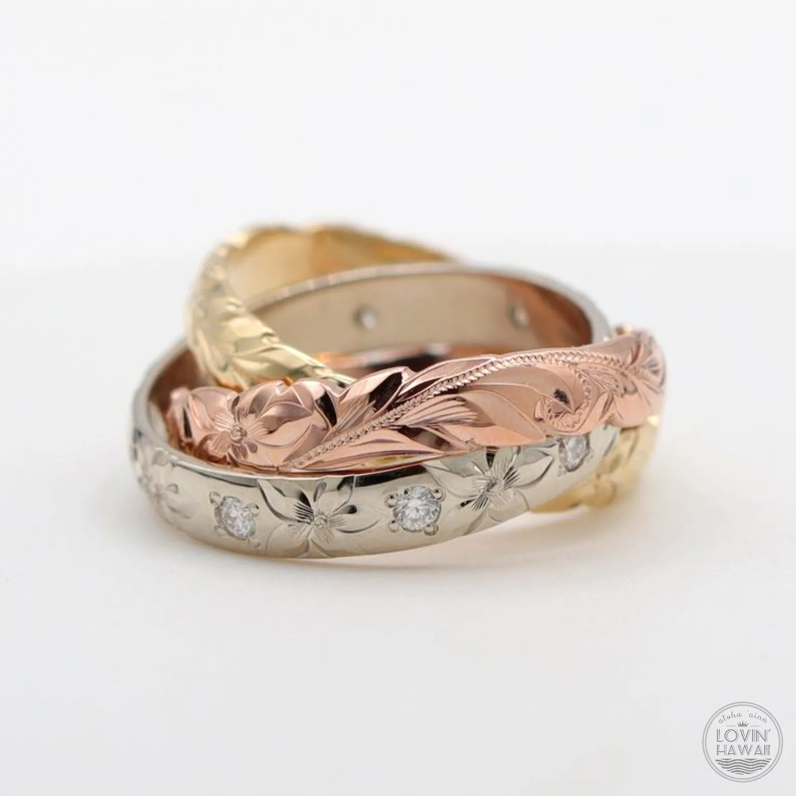 Diamond Trinity Rings, Hand Engraved Hawaii Design(4MM 4MM 4MM)