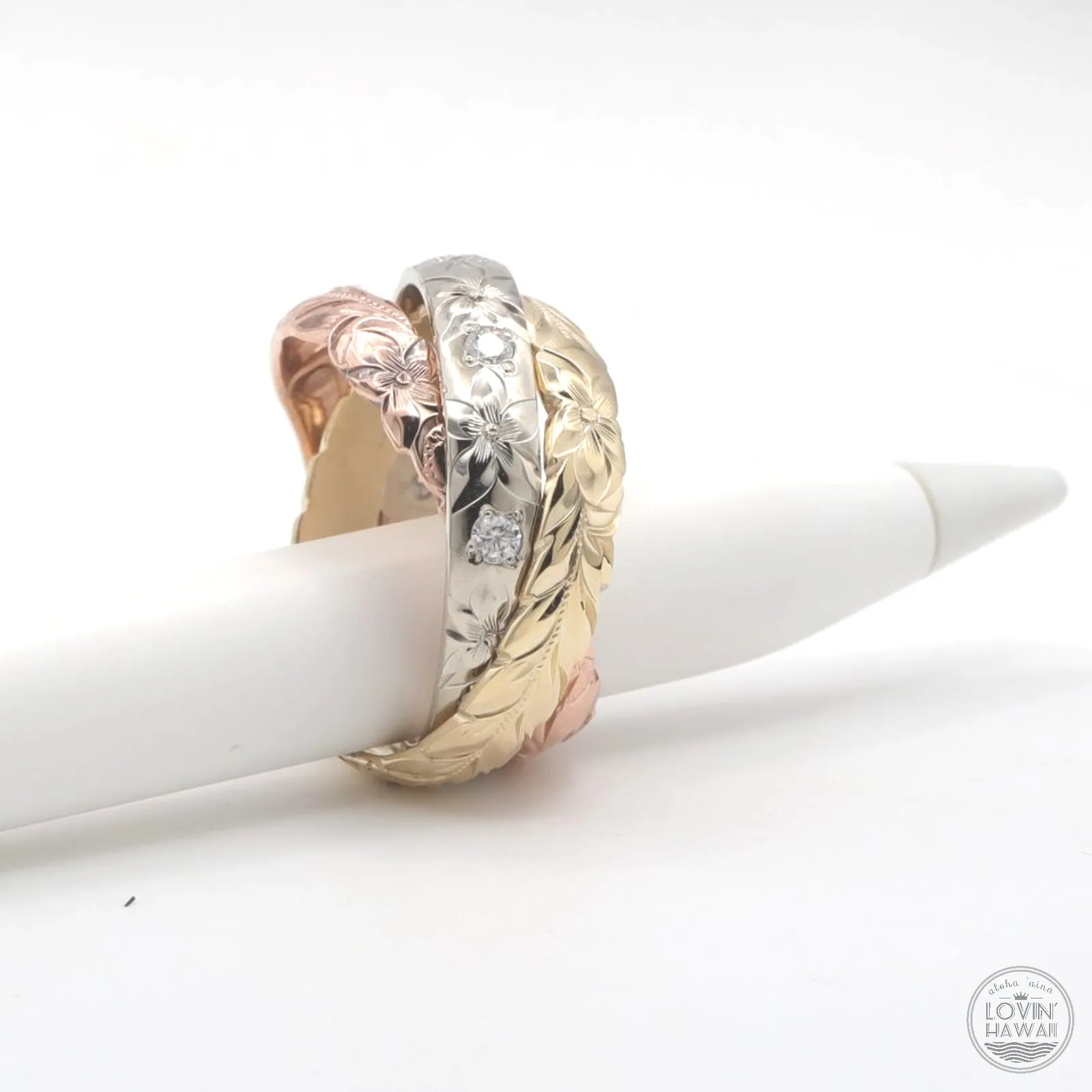 Diamond Trinity Rings, Hand Engraved Hawaii Design(4MM 4MM 4MM)