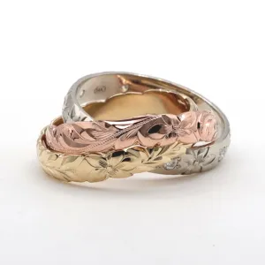 Diamond Trinity Rings, Hand Engraved Hawaii Design(4MM 4MM 4MM)