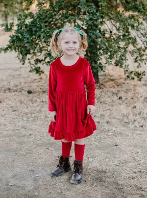 ELIZE VELOUR RUFFLE DRESS - RED