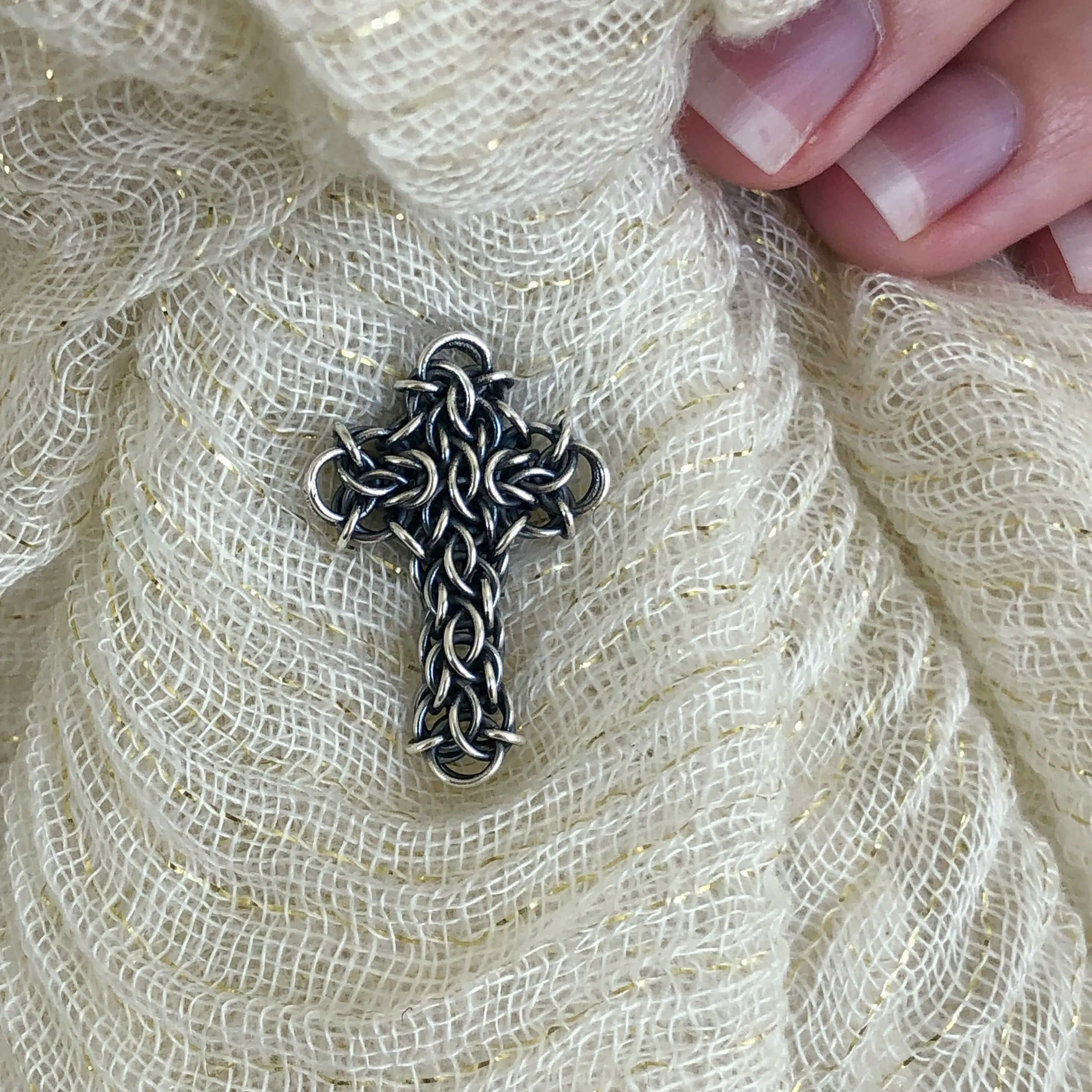 Fused Chainmaille Cross Lapel Pin / Brooch, Small