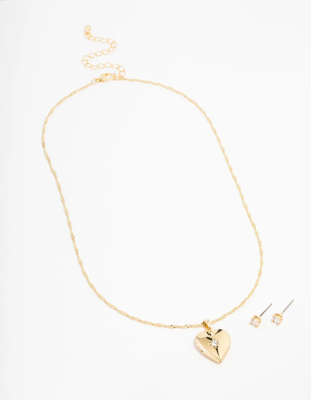 Gold Plated Cubic Zirconia Heart Locket Necklace & Stud Earrings Set