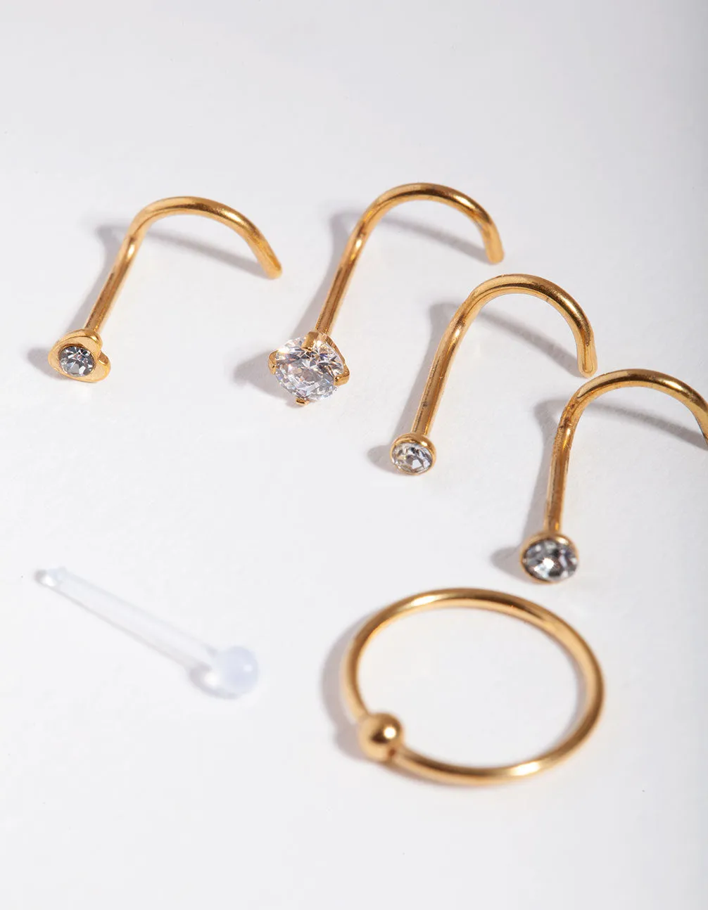Gold Surgical Steel Diamante Nose 6-Pack