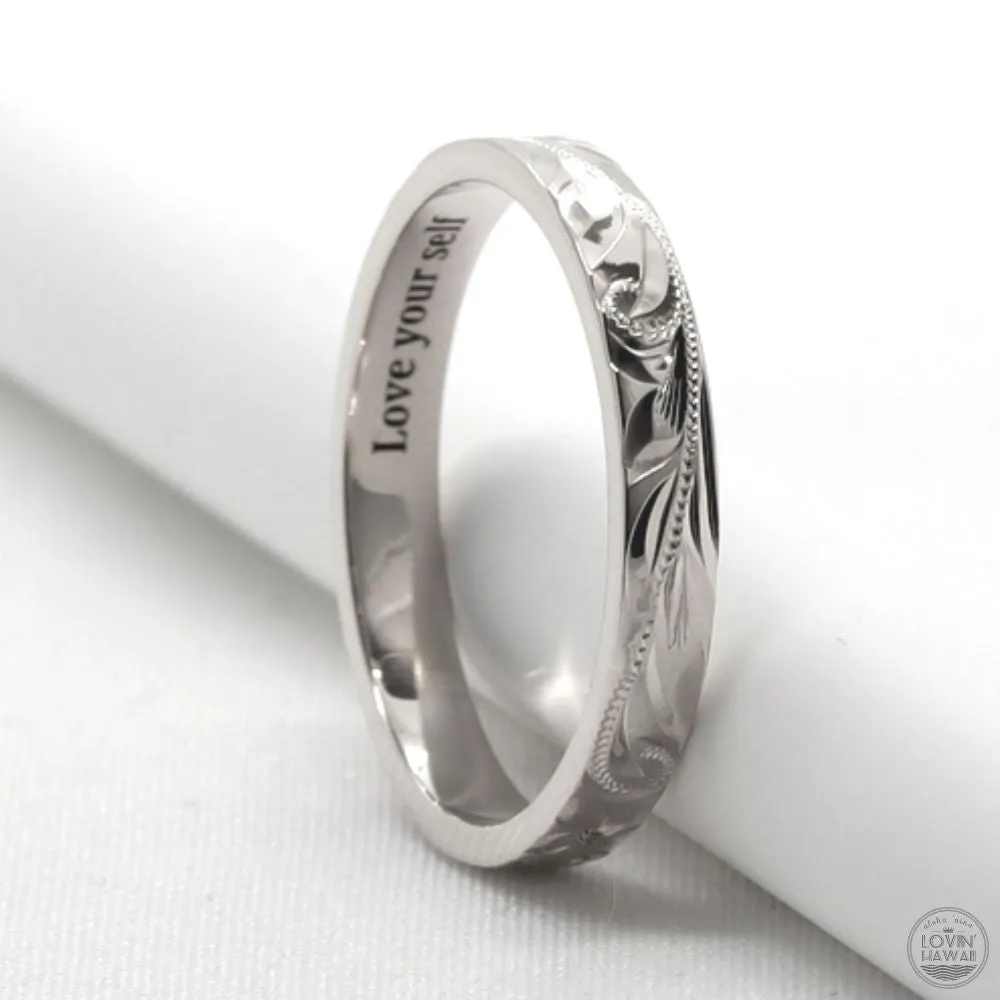 Gold Wedding Bands For Women, Hand Engraved Design (3mm width, Flat Style)