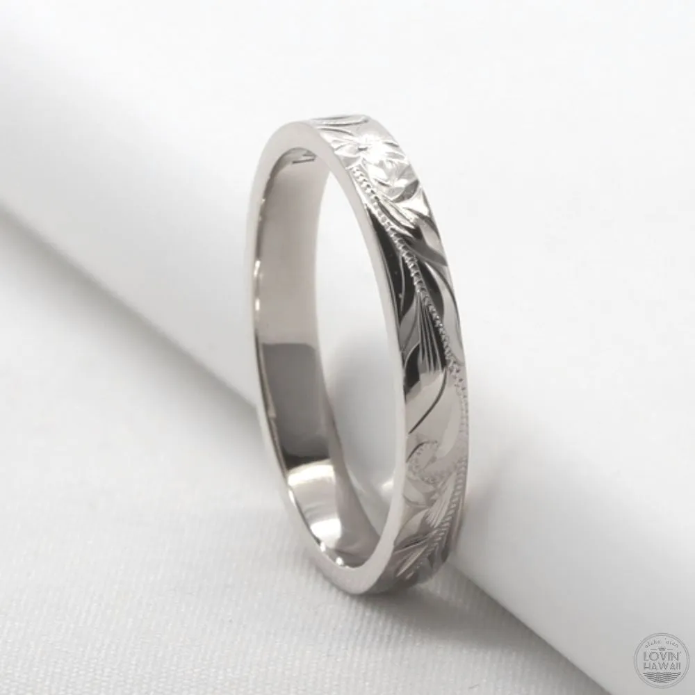 Gold Wedding Bands For Women, Hand Engraved Design (3mm width, Flat Style)