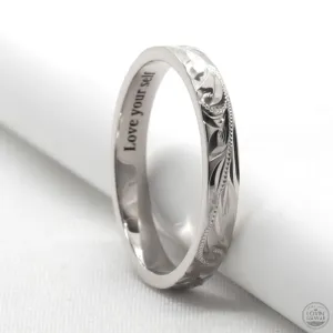 Gold Wedding Bands For Women, Hand Engraved Design (3mm width, Flat Style)