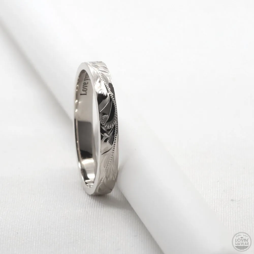 Gold Wedding Bands For Women, Hand Engraved Design (3mm width, Flat Style)