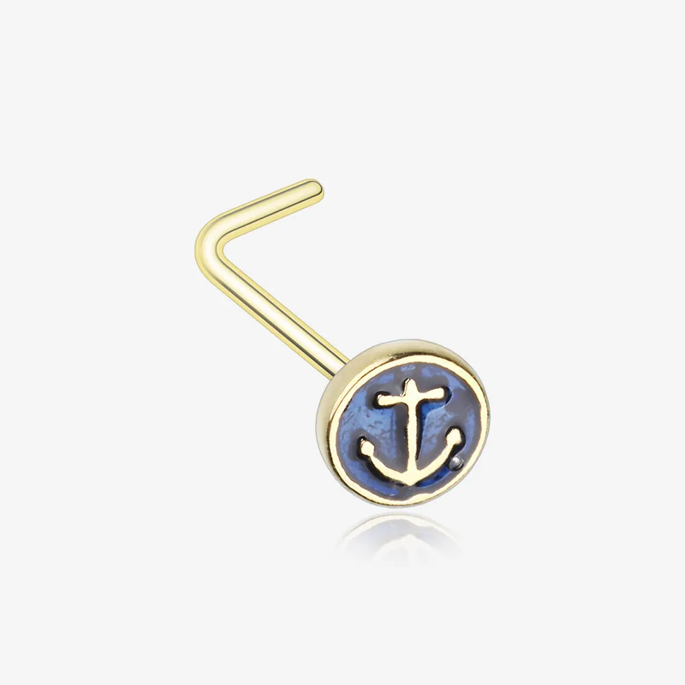 Golden Blue Sailor Anchor L-Shaped Nose Ring