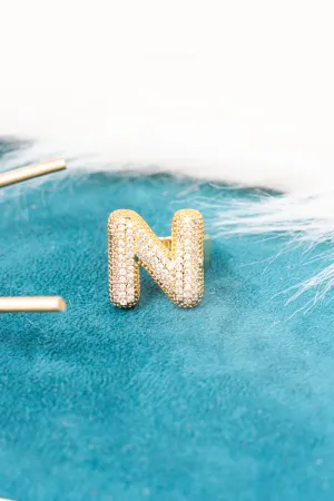 Goldtone Crystal Pave "N"  Cuff Ring