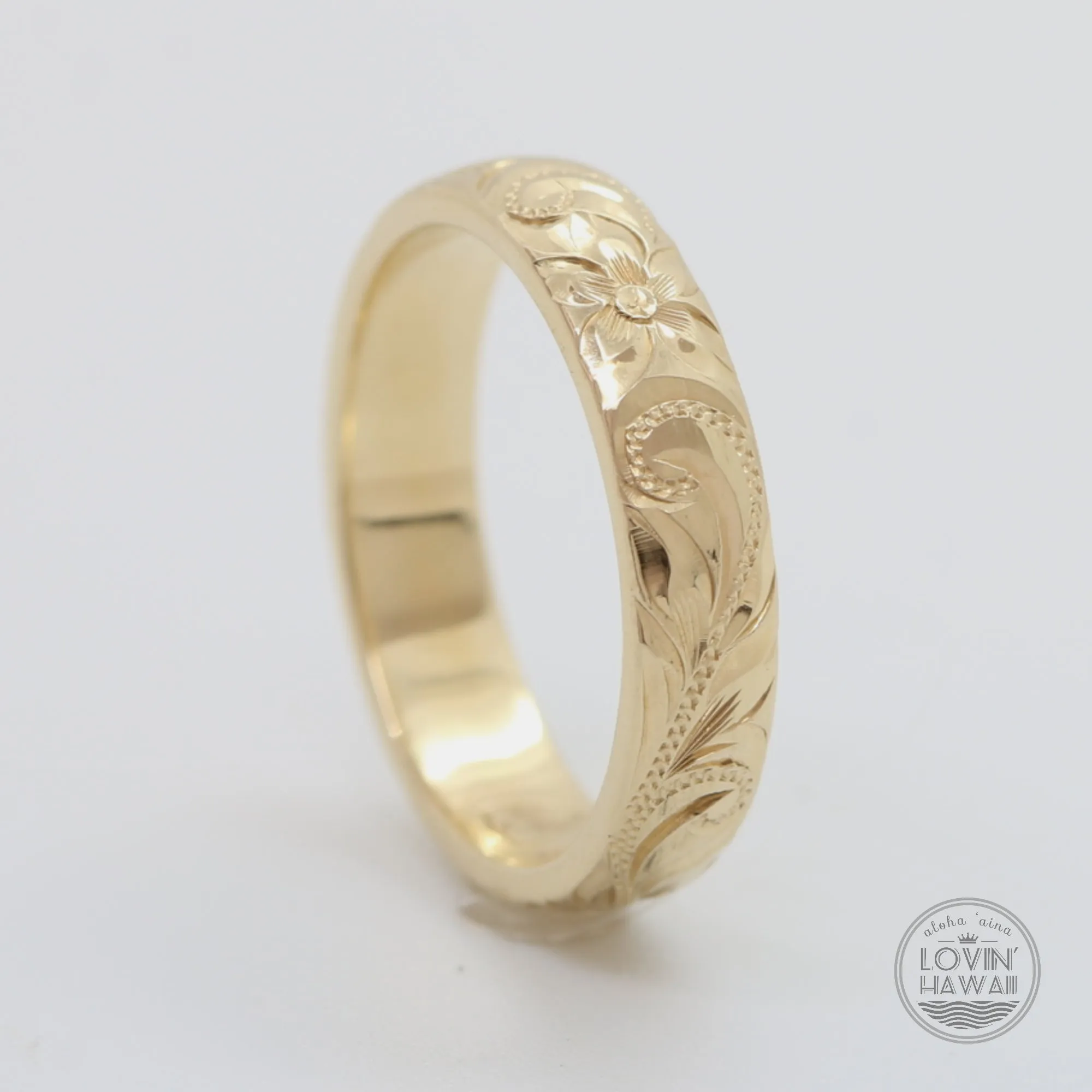 Hawaiian Gold Wedding Bands, Engraved Plumeria & Maile Leaf Design (4mm Dome Style)