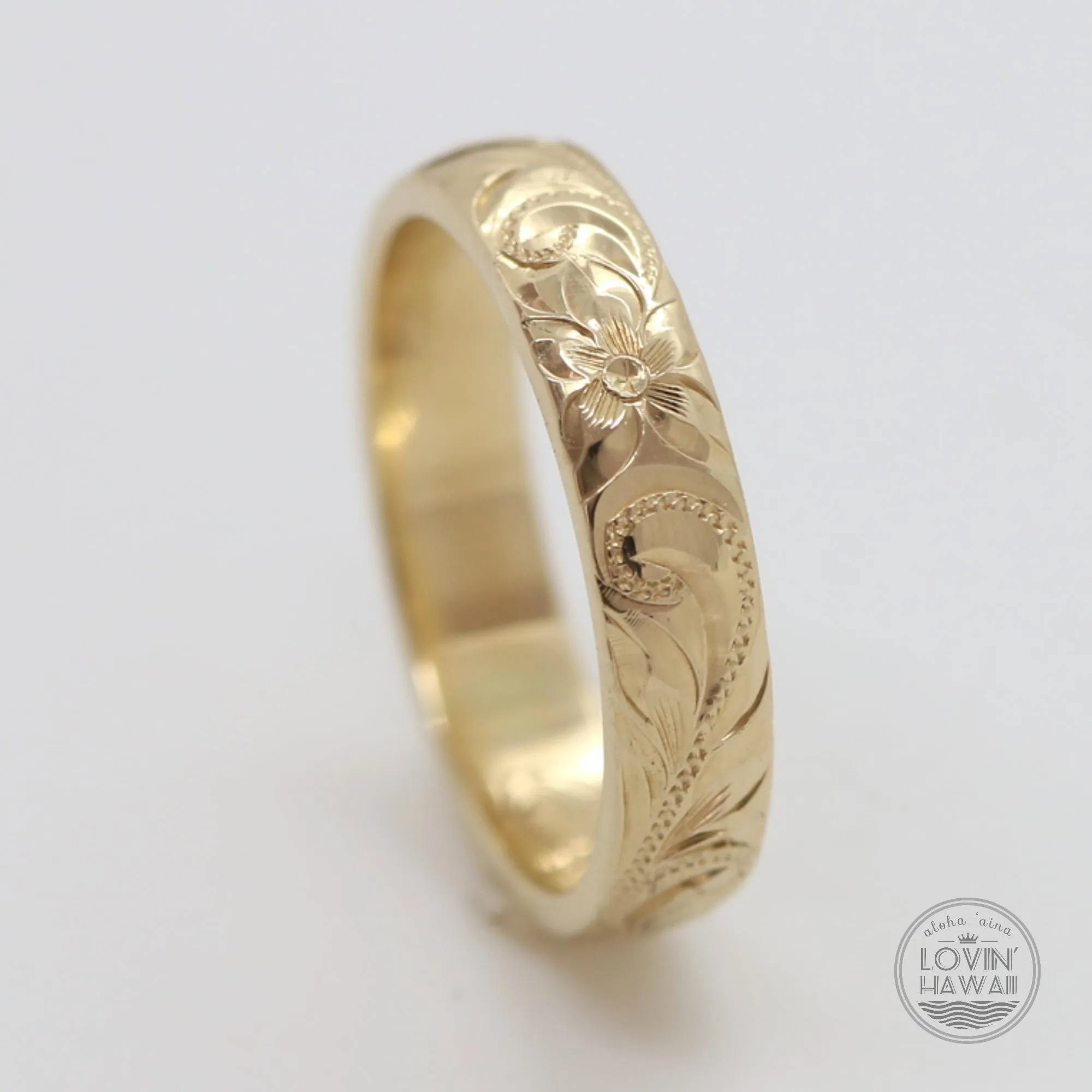 Hawaiian Gold Wedding Bands, Engraved Plumeria & Maile Leaf Design (4mm Dome Style)