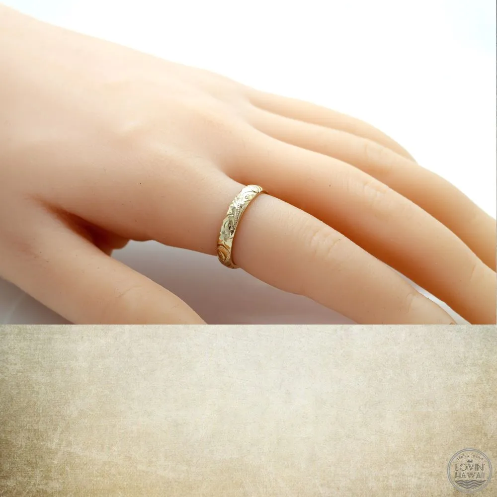 Hawaiian Gold Wedding Bands, Engraved Plumeria & Maile Leaf Design (4mm Dome Style)