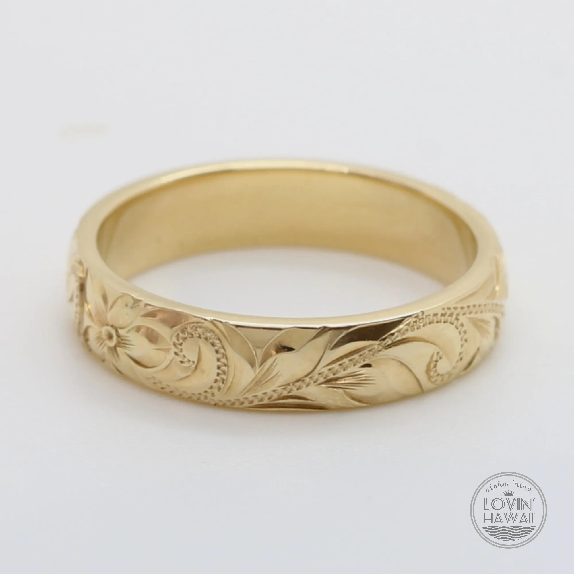 Hawaiian Gold Wedding Bands, Engraved Plumeria & Maile Leaf Design (4mm Dome Style)