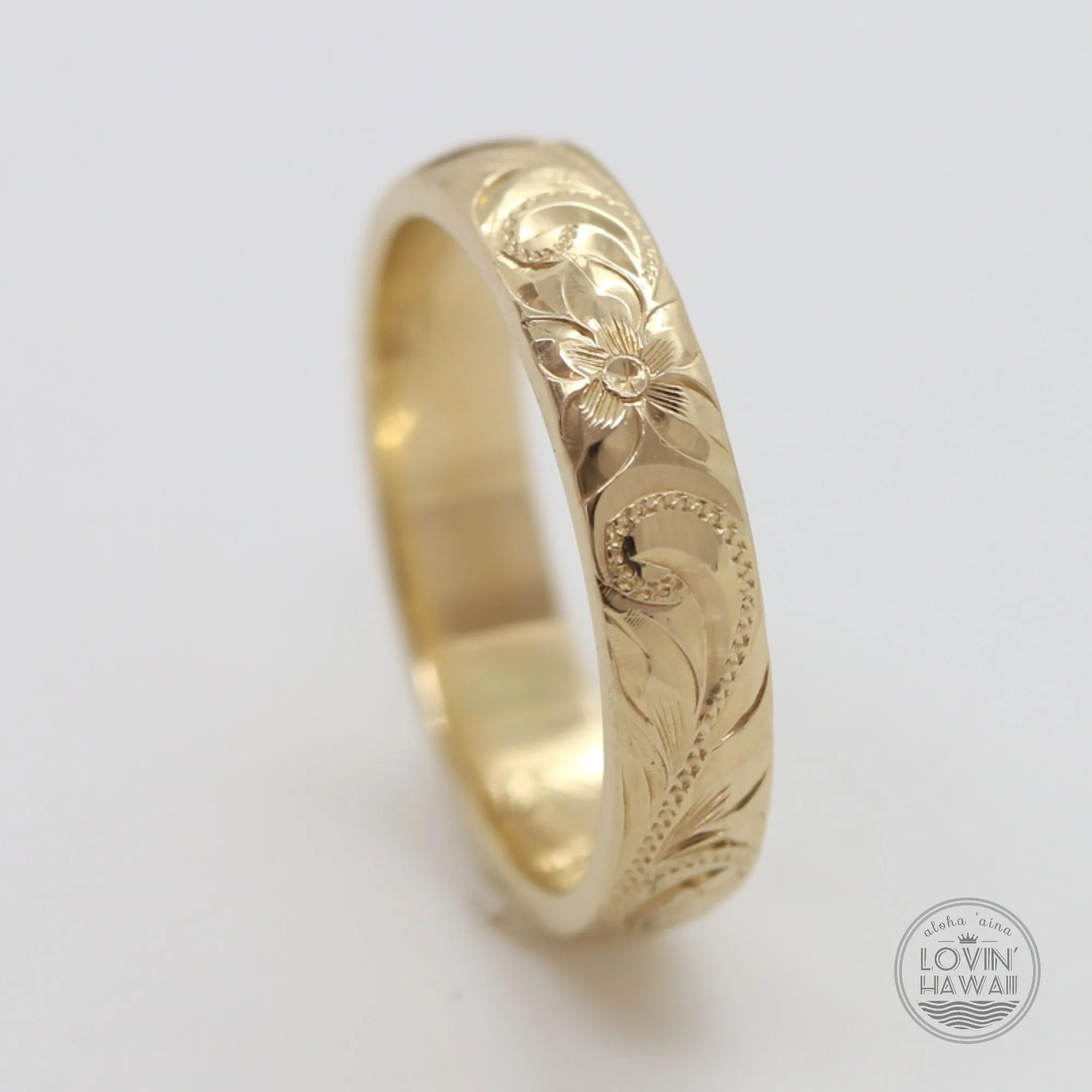 Hawaiian Gold Wedding Bands, Engraved Plumeria & Maile Leaf Design (5mm Dome Style)