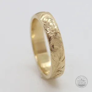 Hawaiian Gold Wedding Bands, Engraved Plumeria & Maile Leaf Design (5mm Dome Style)