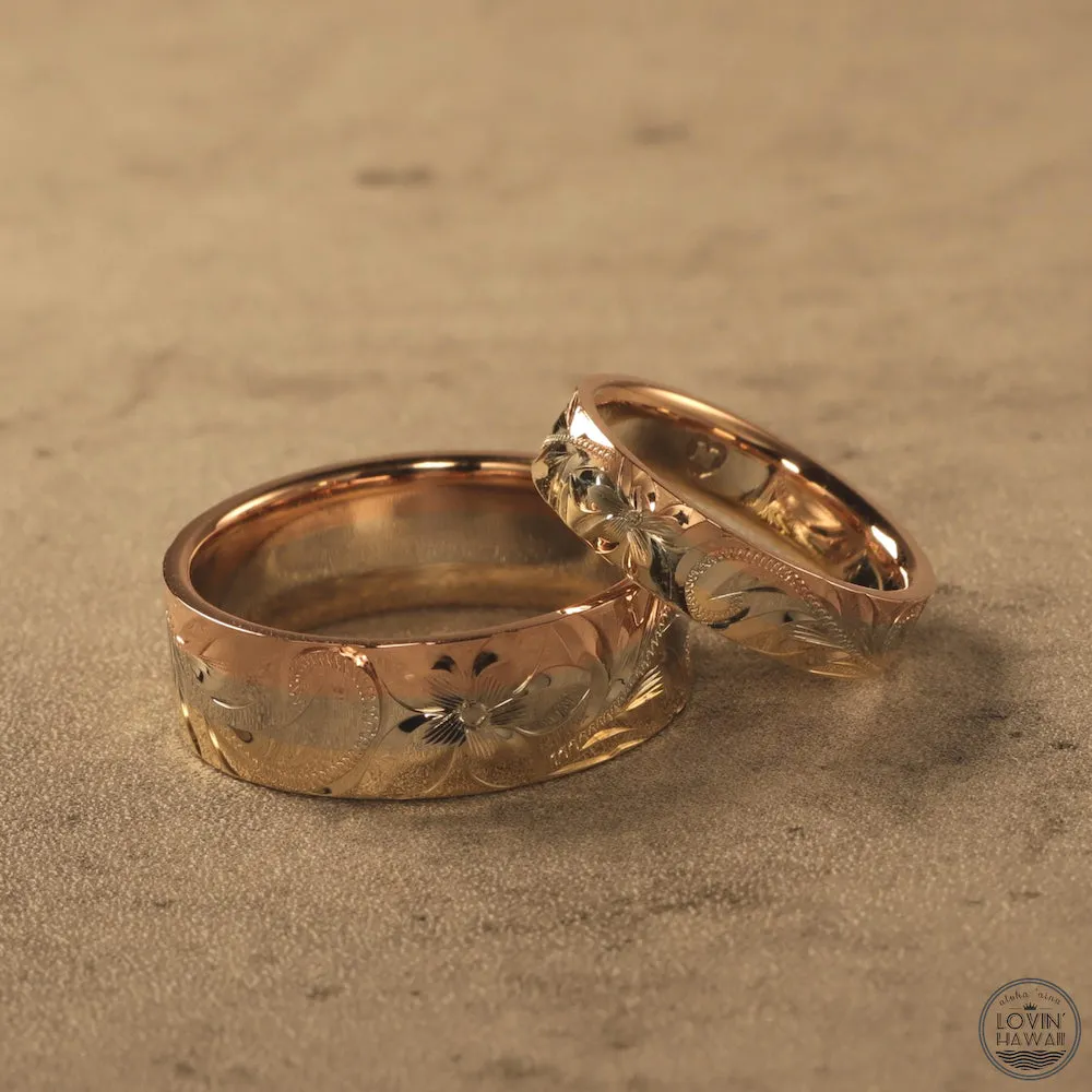 Hawaiian Ring Made of Three Tone 14K Gold, Hand Engraved Design (7.5mm or 4.5mm width)