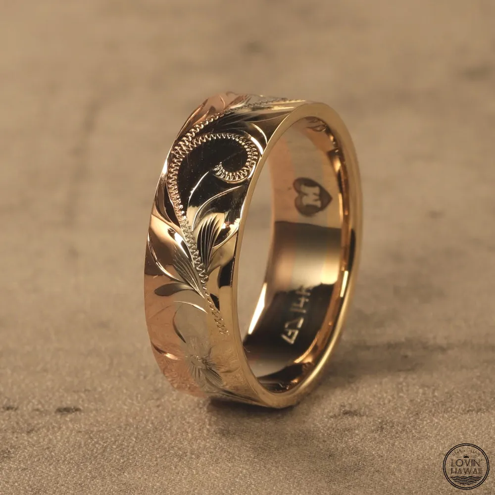Hawaiian Ring Made of Three Tone 14K Gold, Hand Engraved Design (7.5mm or 4.5mm width)