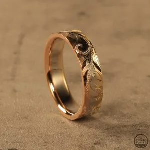 Hawaiian Ring Made of Three Tone 14K Gold, Hand Engraved Design (7.5mm or 4.5mm width)