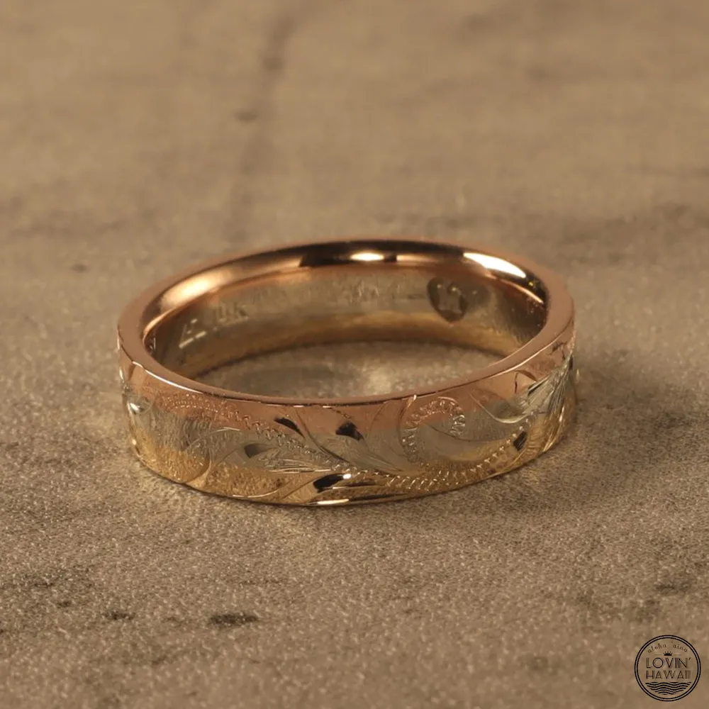 Hawaiian Ring Made of Three Tone 14K Gold, Hand Engraved Design (7.5mm or 4.5mm width)