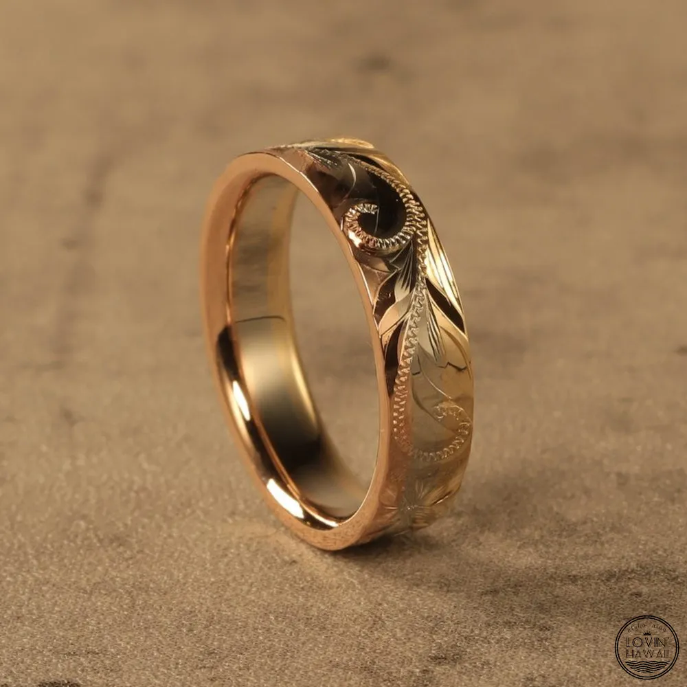 Hawaiian Ring Made of Three Tone 14K Gold, Hand Engraved Design (7.5mm or 4.5mm width)