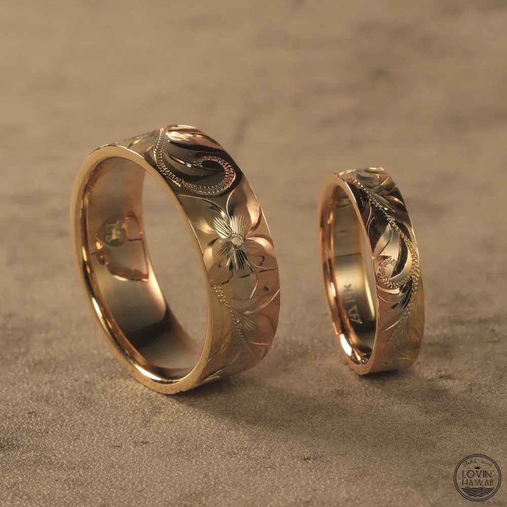Hawaiian Ring Made of Three Tone 14K Gold, Hand Engraved Design (7.5mm or 4.5mm width)