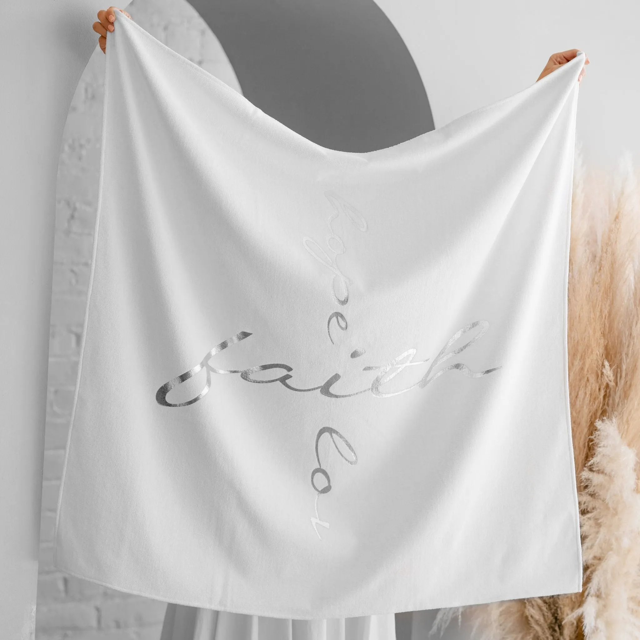 HUGBUG Faith Hope Love Cursive Cross© Christening Towel | Silver
