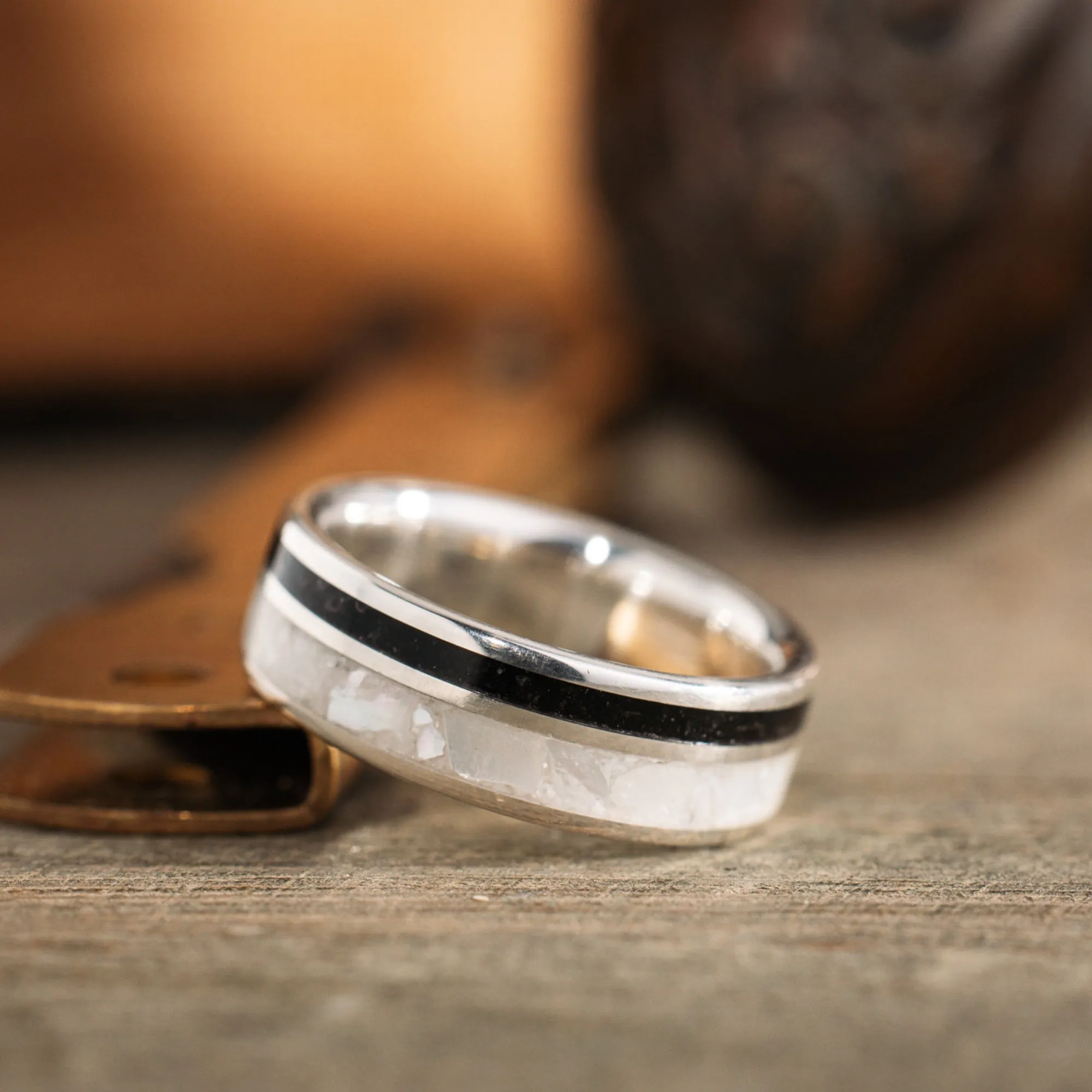 (In-Stock) The Cove | Men's Silver Wedding Band with Obsidian and Mother of Pearl - Size 9 | 7 mm Wide