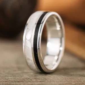 (In-Stock) The Cove | Men's Silver Wedding Band with Obsidian and Mother of Pearl - Size 9 | 7 mm Wide